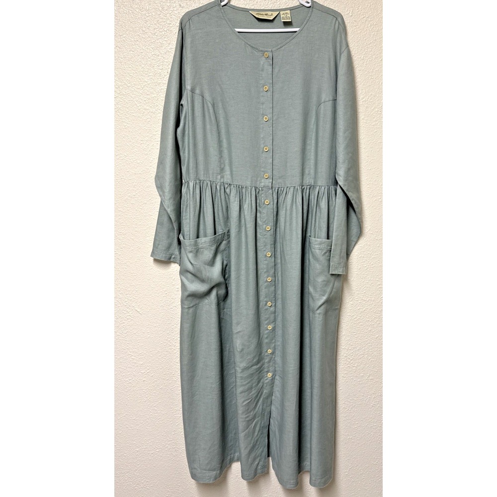 Vtg Eddie Bauer Dress 100% Linen Shirt Dress Large Teacher Modest Coastal Mature